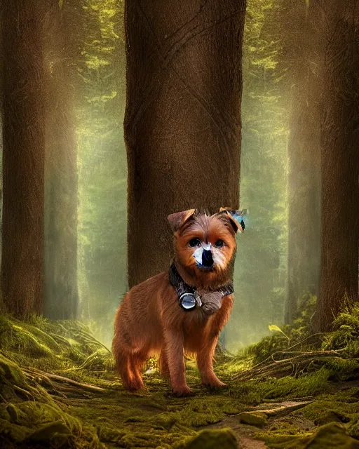 Prompt: magical border terrier in the forest , realistic cinematic,volumetric lighting,centered, symmetrical,sharp focus,digital painting, mystical art, smooth ,trending on Artstation ,4k