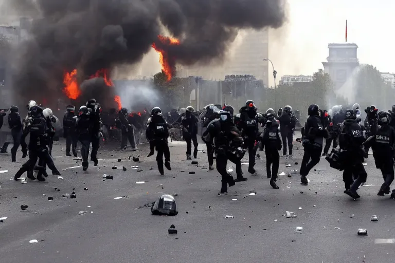 Prompt: violent riots in Paris between robot from District 9 and people, tear gas, fire, cocktail molotov