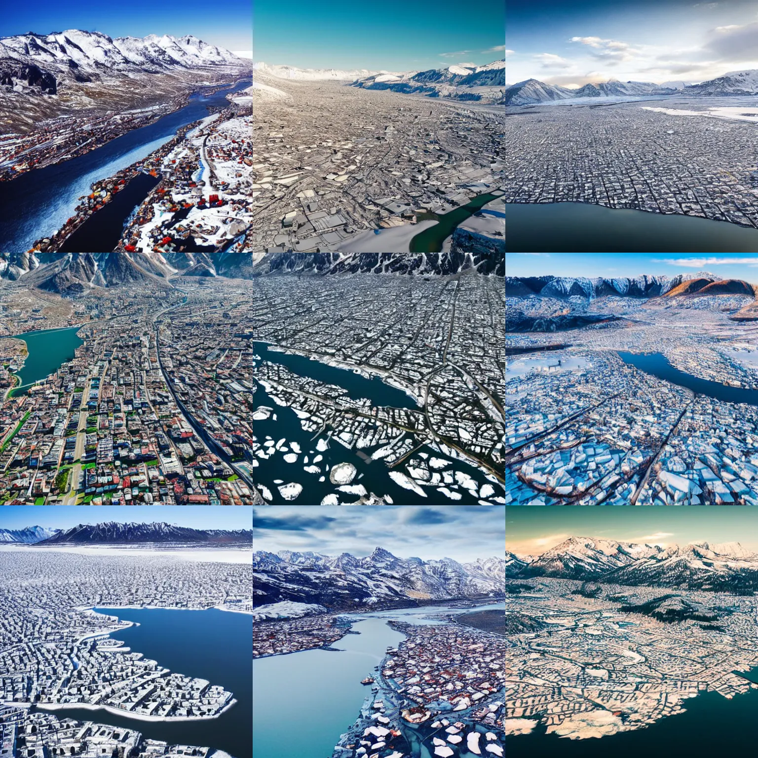 Prompt: beautiful city in a chilly tundra tundra nestled among mountains and rivers, aerial photography, highly detailed