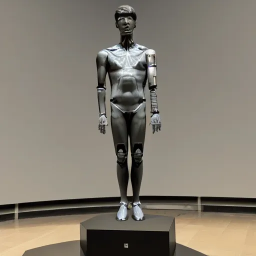 Image similar to a realistic detailed photo of a guy who is an attractive humanoid who is half robot and half humanoid, who is a male android, twitch streamer ninja tyler blevins, shiny skin, posing like a statue, blank stare, at the museum, on display