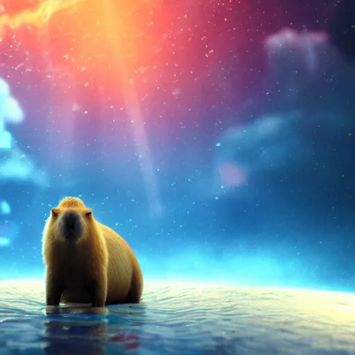 Image similar to capybara floating through a nebula, Makoto Shinkai style detailed with volumetric lighting