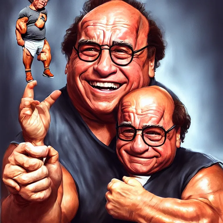 Prompt: Portrait of Danny DeVito holding a miniature Arnold Schwarzenegger gently in his hands, highly detailed, concept art, illustration, cinematic, artstation, digital painting, mystical, zen