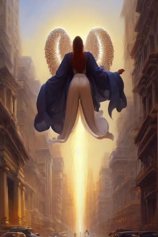 Image similar to angel doing tai - ji in street, angel is wearing t - shirt, hyper realistic, intricate, elegant, highly detailed, digital painting, artstation, concept art, matte, sharp focus art by boris vallejo and greg rutkowski, smooth, sharp focus, illustration