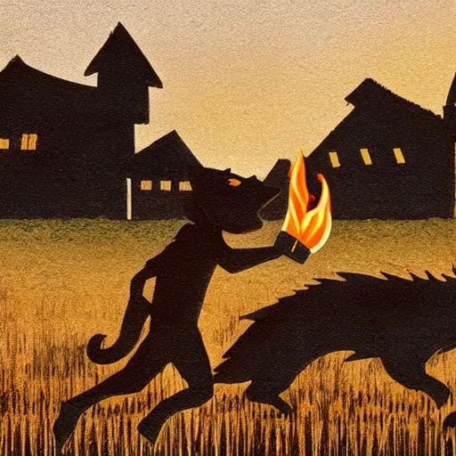 Image similar to a giant werewolf running after a little boy farmer holding a flaming torch toward a wheat field, an old wooden house in the background