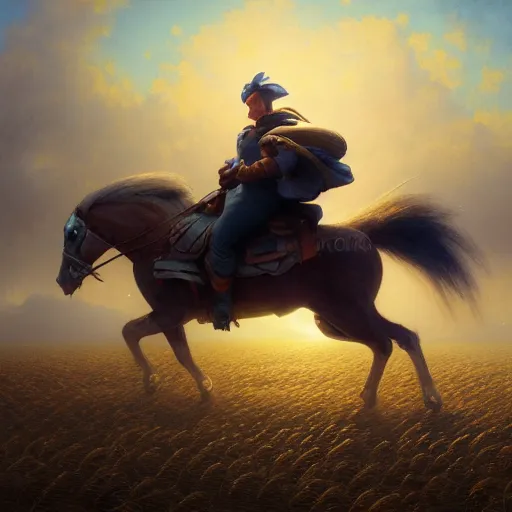 Image similar to cinematic shot epic portrait of megaman riding a mechanical horse in middle of wheat fields, sunny, cloudy, broad light, ambient occlusion, volumetric light effect, made by ivan aivazovsky, peter mohrbacher, greg rutkowski, matte painting, trending on artstation, 4 k, perfectly defined features, digital painting, cinematic, epic, highly detailed