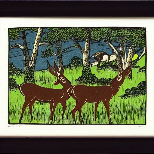 Prompt: mule deer, lush pastoral woodland scene, colored woodblock print