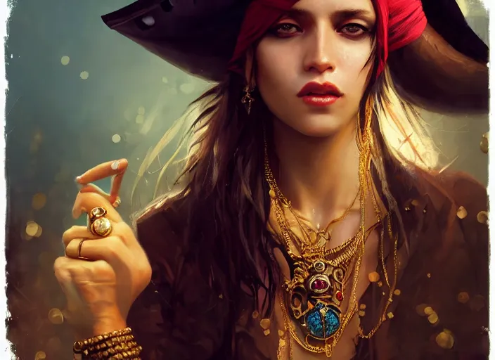 Prompt: full body picture of a pirate girl, hard breathing, messy hair, very excited, front of the treasure box, jewels and gold on the background, coveted, beautiful and aesthetic and attractive and detailed face, specular reflection, occlusion shadow, intricate, bokeh, masterpiece, by ilya kuvshinov and jeremy lipking and quentin mabille