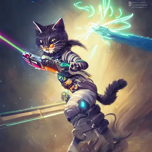 Image similar to cute and fluffy ninja cyberpunk cat fighting with a laser sword, full body, artstation, highly detailed, colorfull, digital painting, deep focus, sharp, smooth, rossdraws, by jason felix by steve argyle by tyler jacobson by peter mohrbacher, cinematic lighting, smooth, sharp focus, hd wallpaper, cinematic