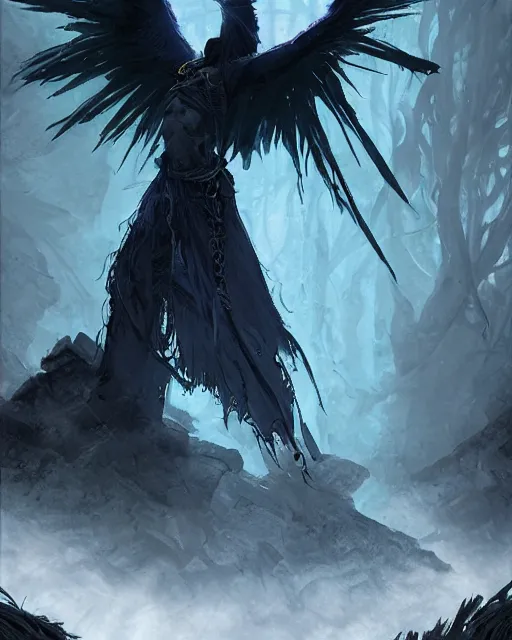 Image similar to Raven Mage, spell, fog, magic the gathering artwork, D&D, fantasy, cinematic lighting, centered, symmetrical, highly detailed, digital painting, artstation, concept art, smooth, sharp focus, illustration, volumetric lighting, epic Composition, 8k, art by Akihiko Yoshida and Greg Rutkowski and Craig Mullins, oil painting, cgsociety