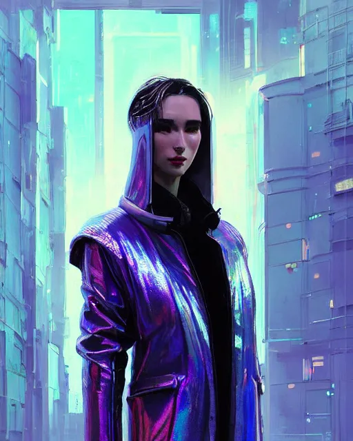 Image similar to detailed portrait of European Pretty Young Girl Sheen Holographic Jacket coat, Futuristic sci-fi fashion, royal attire cyberpunk, neotokyo, synthwave, aesthetics, futuristic, low-emission-neon, bladerunner movie scene by ismail inceoglu dragan bibin hans thoma greg rutkowski Alexandros Pyromallis Nekro Rene Margitte illustrated Perfect face, fine details, realistic shaded, fine-face, pretty face sharp chine