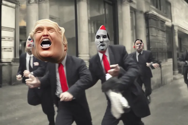 Prompt: dramatic cinematic bank robbers running out of bank wearing trump masks by Emmanuel Lubezki