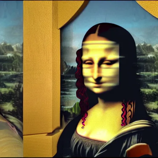 Prompt: a highly detailed 3 d rendering in unreal engine on ps 5 of the mona lisa dressed as the cyborg ninja from metal gear solid
