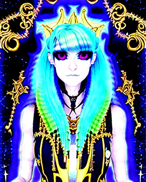 Image similar to baroque bedazzled gothic royalty frames surrounding a hologram of rimuru tempest with sky blue hair and golden yellow eyes, wearing a cybergoth jacket, holography, irridescent