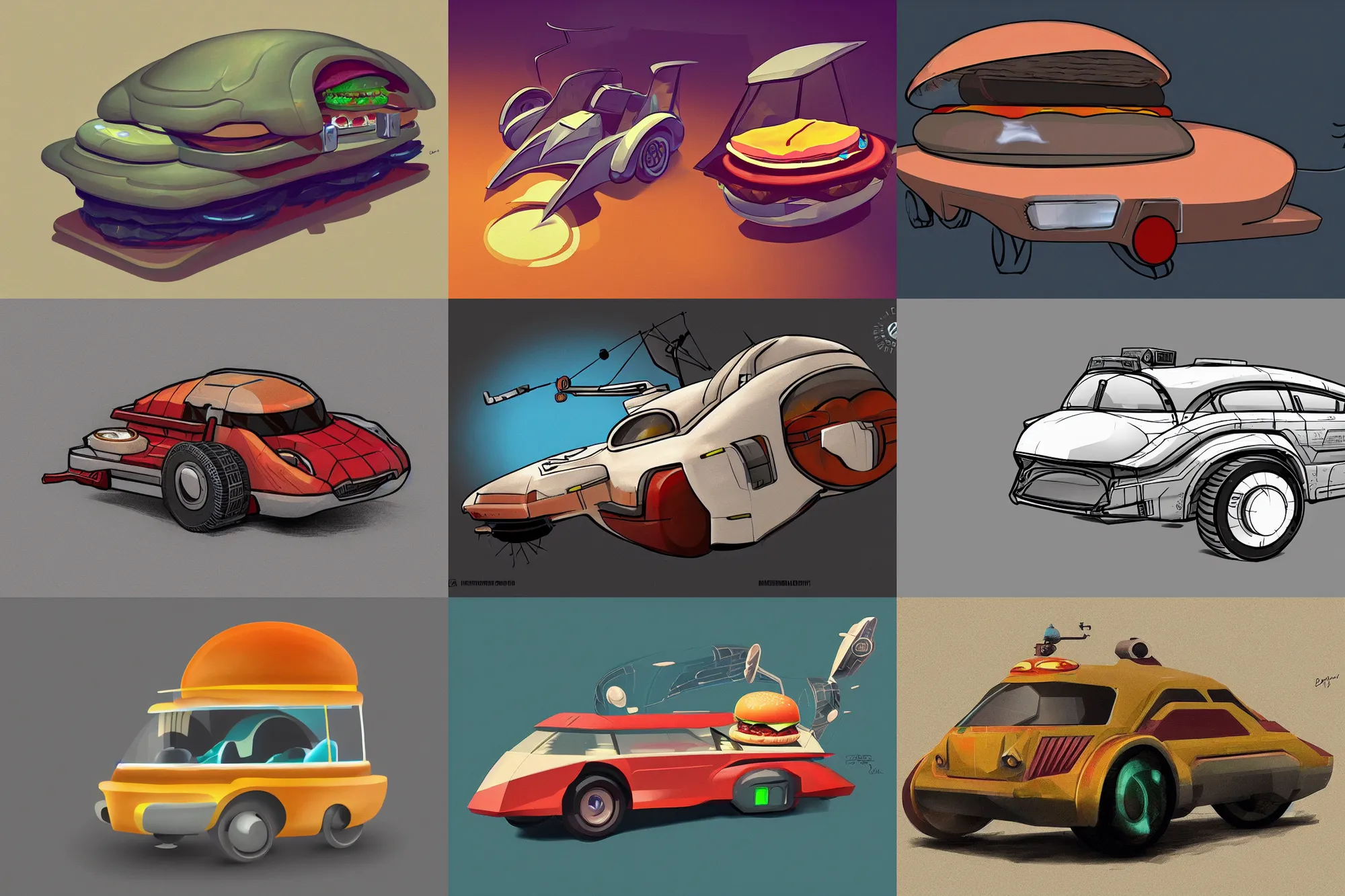 Prompt: a concept art of a retro futurist vehicle in a shape of a burger, illustration, digital art, artstation