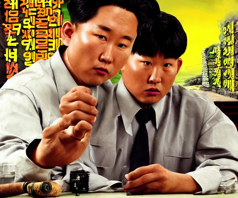 Image similar to hyperralism weed express ( 2 0 0 8 ) movie still photography of realistic detailed north korean kim chen with detailed face smoking reviewing detailed weed bush in detailed basement bedroom ultra violet light