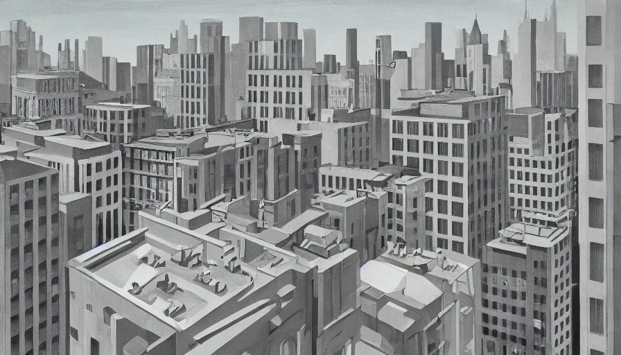 Image similar to american city, modern times, an apartment building, four stories high, with a huge water tank on the roof. the color of the picture is gray, and the painting style is realistic and retro