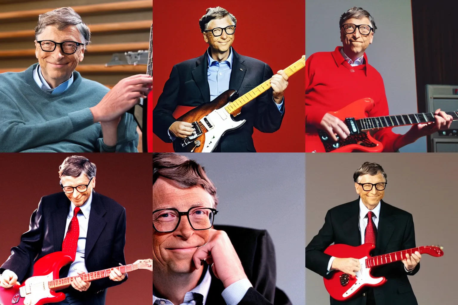 Prompt: Bill Gates playing a red electric guitar