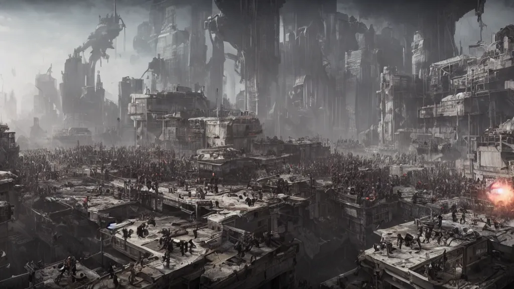 Image similar to a horde of people boarding a spaceship in a post-apocalyptic city, hyperrealistic, Cryengine 8k UHD