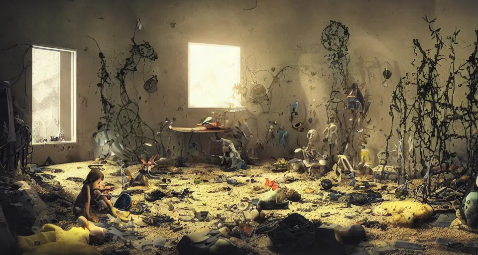 Prompt: IKEA catalogue photo, cyberpunk childrens bedroom, toys, mess, drawings, sand piled in corners, dust, organic, vines, overgrown, tropical, by Beksiński