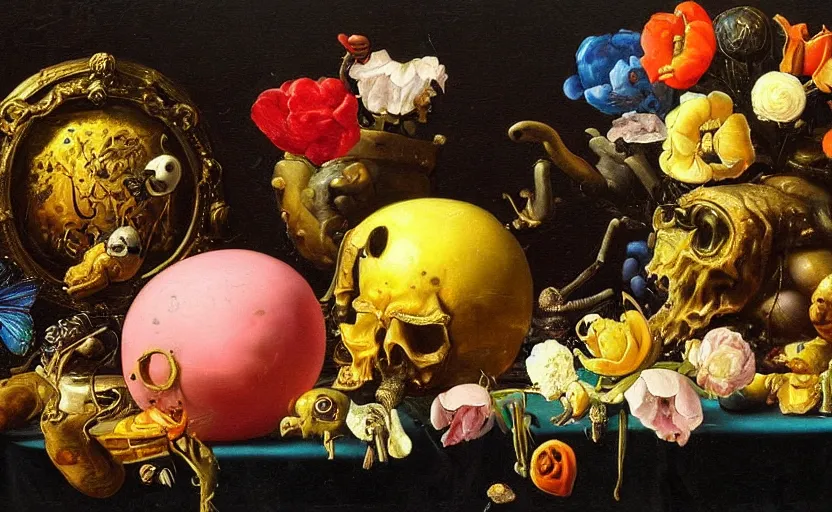 Image similar to disturbing colorful oil painting dutch golden age vanitas still life mutantflowers with bizarre objects strange gooey surfaces shiny metal bizarre insects meat rachel ruysch dali todd schorr very detailed perfect composition rule of thirds masterpiece