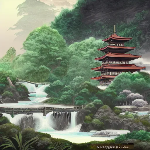 Prompt: ancient japanese landscape with two pagodas connected by a bridge, in front of a waterfall and surrounded by vegetation, digital painting, trending on artstation