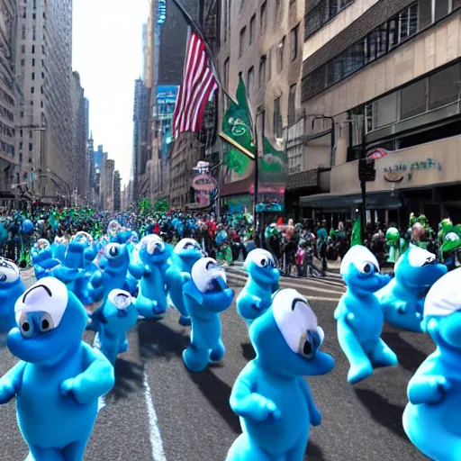 Prompt: a parade of stuffed smurfs marching down 5 th ave manhattan on st. patrick's day, 8 k, photo realistic, extremely life like