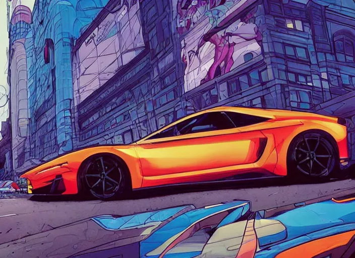 Image similar to a sport car in a city, sharp focus. cinematic pose, cinematic lighting, art by josan gonzales and moebius and deathburger.