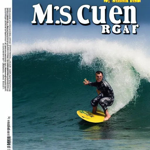 Prompt: mr bean catching a wave, cover of surfer magazine, july 2 0 1 1