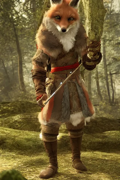 Prompt: a medieval anthropomorphic fox assassin with a fluffy tail in the forest, assassins creed