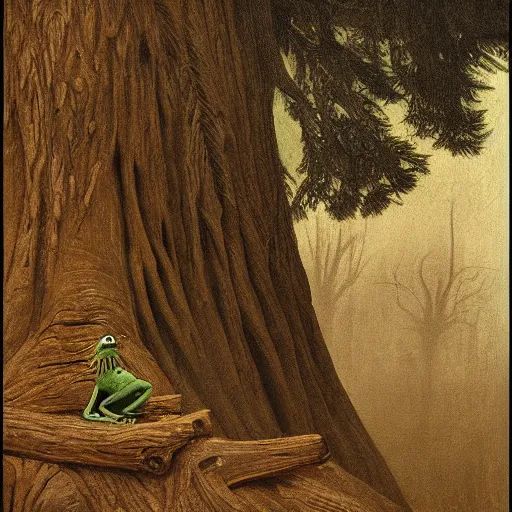 Image similar to highly detailed portrait of kermit the frog ((kermit the frog)) near a giant fallen sequoia tree. Fog. Painting by Caspar David Friedrich,Caravaggio, 4k, sepia tone