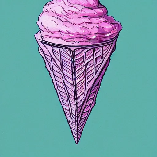 Image similar to crying wobbly eyes mouth pink ice cream, blue waffle cone, 2 0 2 2 intricate concept art, line drawing, 1 9 8 3 book cover art