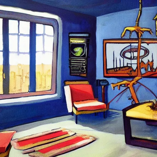 Image similar to painting of an alien house interior, cosy