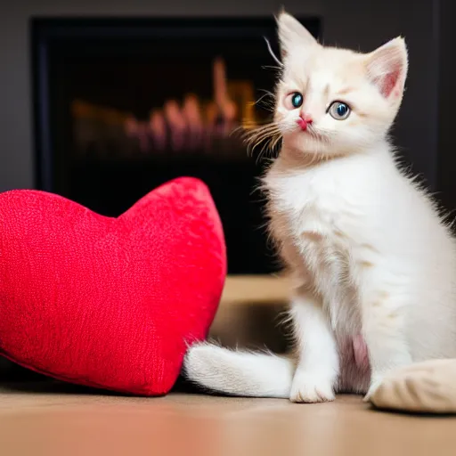 Image similar to A cute little kitten sits on the top of a plush heart-shaped pillow near fireplace, Canon EOS R3, f/1.4, ISO 200, 1/160s, 8K, RAW, unedited, symmetrical balance, in-frame