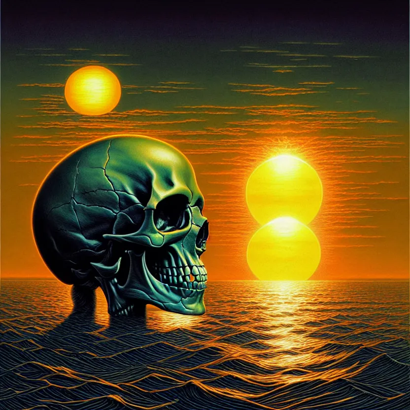 Image similar to a skull that is the sun rising just above the horizona over the sea by dan mumford and vladimir kush and donato giancola and ted withers and peter driben and brom and roberto ferri, green water, highly detailed, high contrast, intricate details, blended palette
