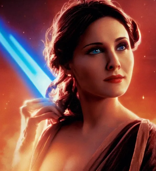 Image similar to beautiful monica from friends in star wars, movie still frame, hd, remastered, cinematic lighting