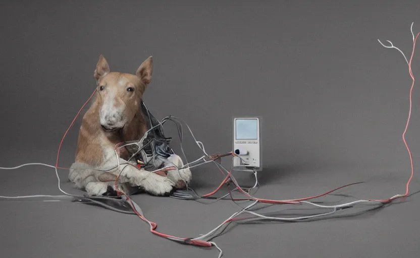 Prompt: wounded laying dog robotic, sad eyes, photography, wires, circuit, electricity, realistic