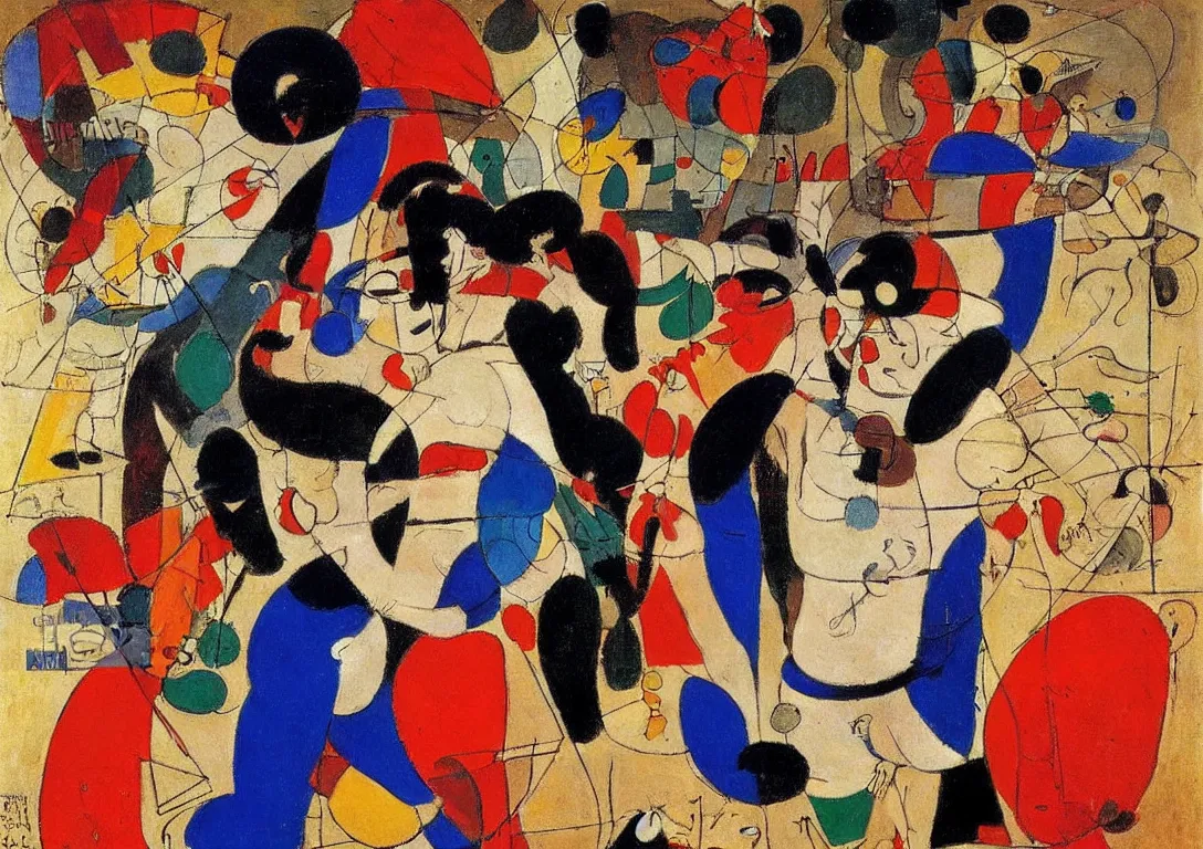 Image similar to a multiracial greek god dancing through the streets of a city, saturated color scheme, sparse detail, by george luks, joan miro and moebius