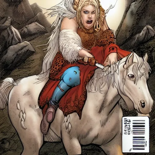 Image similar to an albino viking woman riding a war horse by Humberto Ramos and Mark Robinson,