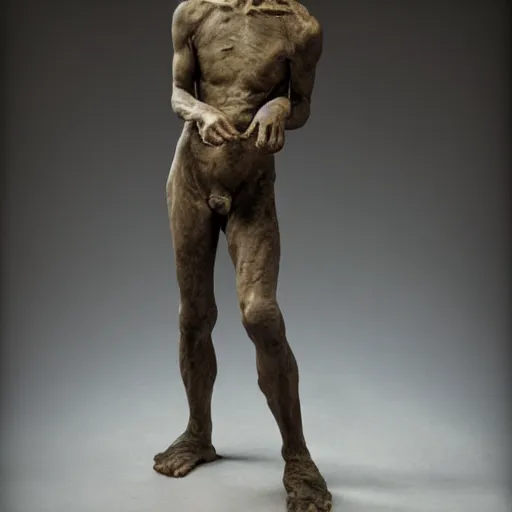 Image similar to hyperrealistic sculpture of a fossilized bronze chinese prisoner by ron mueck and duane hanson and giacometti and elizabeth frink, patina, hyperrealistic dramatic lighting 8 k