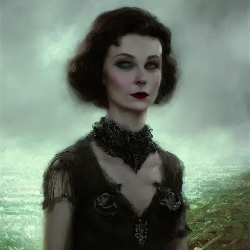 Prompt: closeup portrait of a young vivian leigh in gothic clothing, dramatic light, gorgeous view, depth, high detail, digital art, painted by greg rutkowski and seb mckinnon, by tim burton, trending on artstation