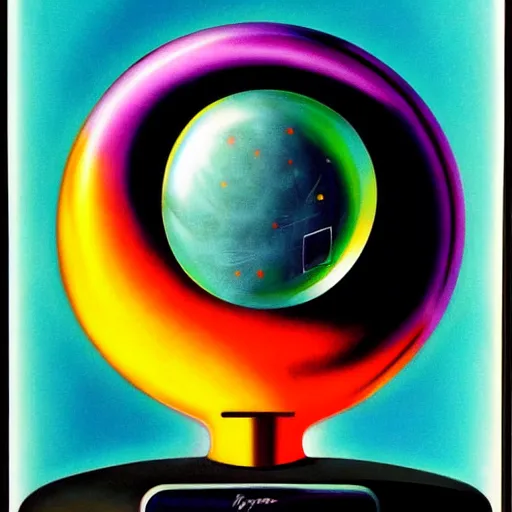 Prompt: 8 0 s airbrushed portrait of a desktop computer above a chrome moon, 8 0 s art, vintage, airbrush, bright colors, grainy, retro, behance, magazine