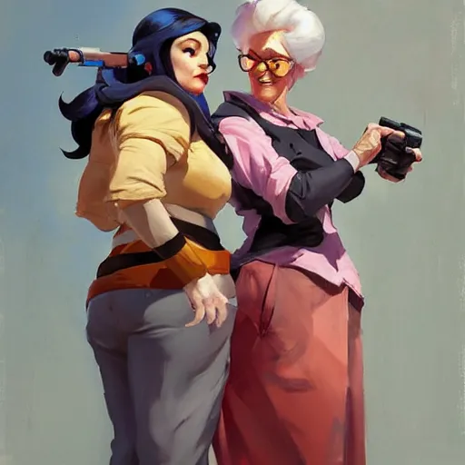 Image similar to greg manchess painting of two old ladies overwatch character, medium shot, asymmetrical, profile picture, organic painting, sunny day, matte painting, bold shapes, hard edges, street art, trending on artstation, by huang guangjian and gil elvgren and sachin teng