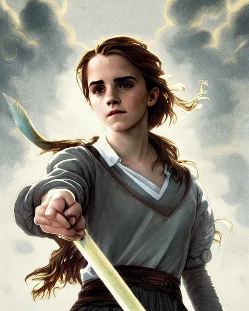 Image similar to Emma Watson as Hermione Granger, medium shot close up, details, sharp focus, illustration, by Jordan Grimmer and Alphonse Mucha and greg rutkowski and PiNe(パイネ) and 薯子Imoko and 香川悠作 and maya takamura, intricate, beautiful, Trending artstation, pixiv, digital Art