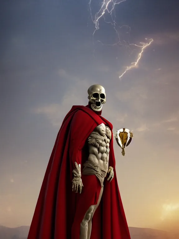 Prompt: a man in the form of a Greek sculpture with a mask in the form of a skull, dressed in a beautiful red cloak, stands in the pose of a superman on a golden stone, full-length view. baroque element. intricate artwork by artstation. halo. octane render, cinematic, hyper realism, octane render, 8k, depth of field, bokeh. iridescent accents. vibrant. teal and gold and red colour scheme