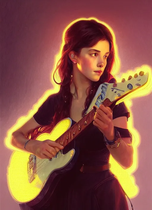 Image similar to portrait girl playing guitar in a tv screen, intricate, hivis, elegant, beautiful, highly detailed, digital painting, artstation, concept art, smooth, sharp focus, illustration, art by artgerm and greg rutkowski and alphonse mucha
