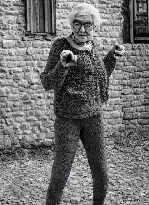 Prompt: stunning photograph of ( ( ( ( granny spiderman ) ) ) ) in rural russia town, knitted suit, dynamic pose, closeup, aperture 1. 2