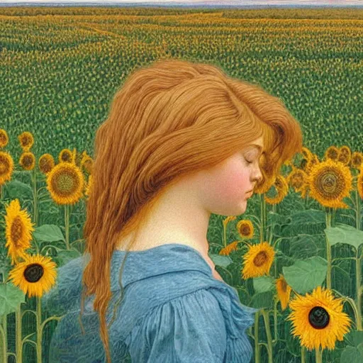 Image similar to a girl in amazing tall sunflower field, her hair flowing down, subtle, intricate details, real masterpiece, oil on canvas, by johfra bosschart, felice casorati