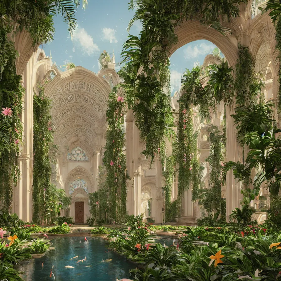 Prompt: beautiful cathedral interior with koi pond in the middle surrounded by palm trees, ivy, flowers, tropical plants, roses, and with archways, rendered in octane render with photorealistic volumetric lighting, cinematic,!! horizontal symmetry!!, a flemish baroque by thomas cole, sanctuary, unsplash contest winner, maximalism, sanctuary