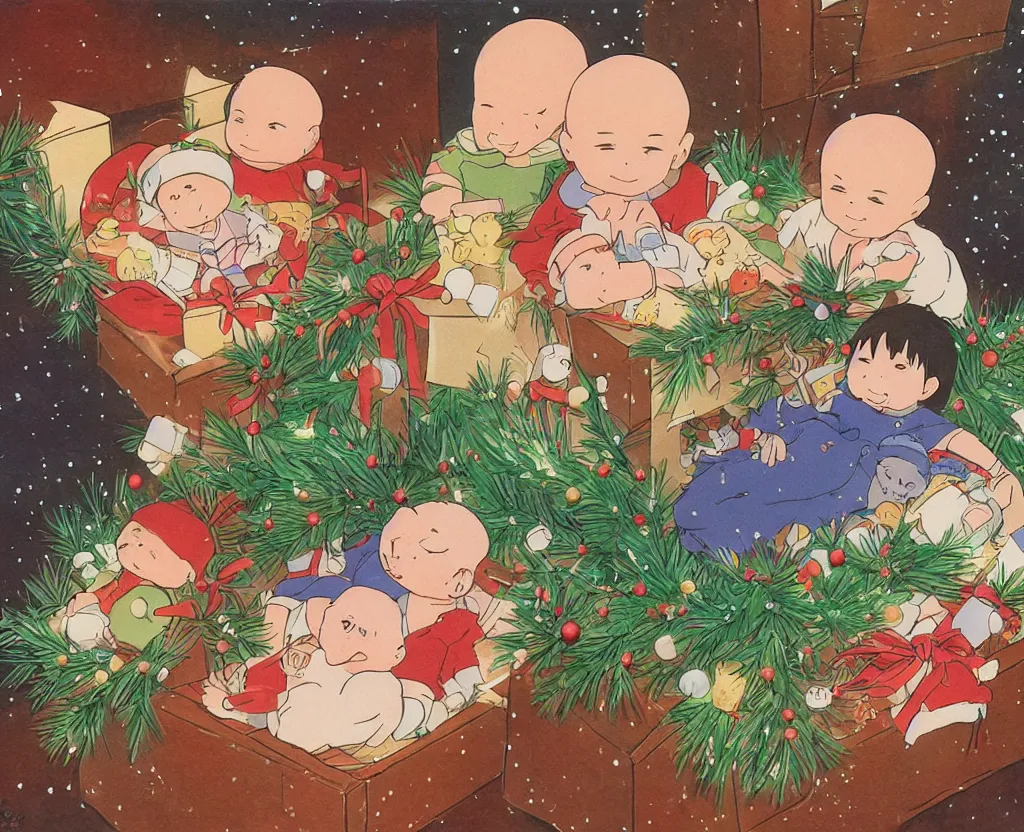 Image similar to Two twin babies in a gift box, christmas lights, very detailed, art by Studio Ghibli