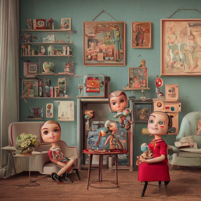 Image similar to portrait of a retro 1 9 5 0 s tin toy living room, depth of field, zeiss lens, detailed, symmetrical, centered, fashion photoshoot, by nicoletta ceccoli, mark ryden, lostfish, breathtaking, 8 k resolution, extremely detailed, beautiful, establishing shot, artistic, hyperrealistic, octane render